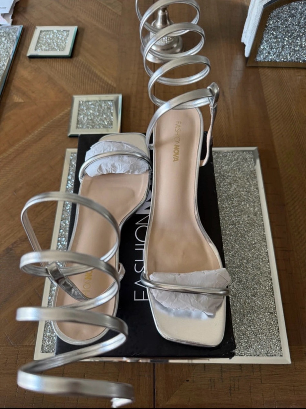 Fashion Nova Silver Spiral Strap Square-Toe Heels